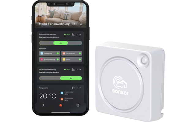 À gauche un smartphone affichant une application intitulée 'Meine Ferienwohnung' avec plusieurs interrupteurs et une température '20 °C' ; à droite un appareil carré blanc avec un motif circulaire et le logo 'sonsor'