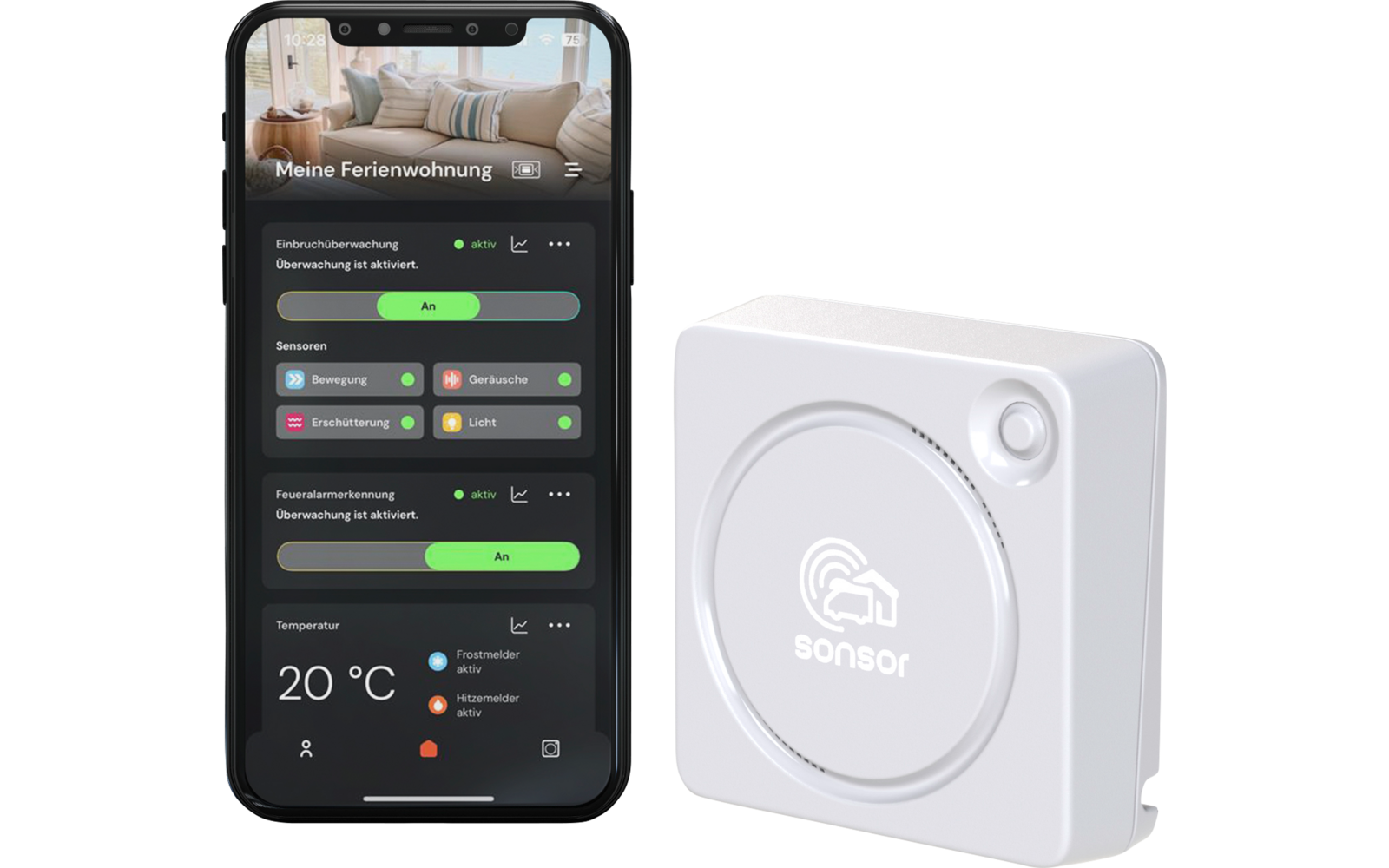 À gauche un smartphone affichant une application intitulée 'Meine Ferienwohnung' avec plusieurs interrupteurs et une température '20 °C' ; à droite un appareil carré blanc avec un motif circulaire et le logo 'sonsor'