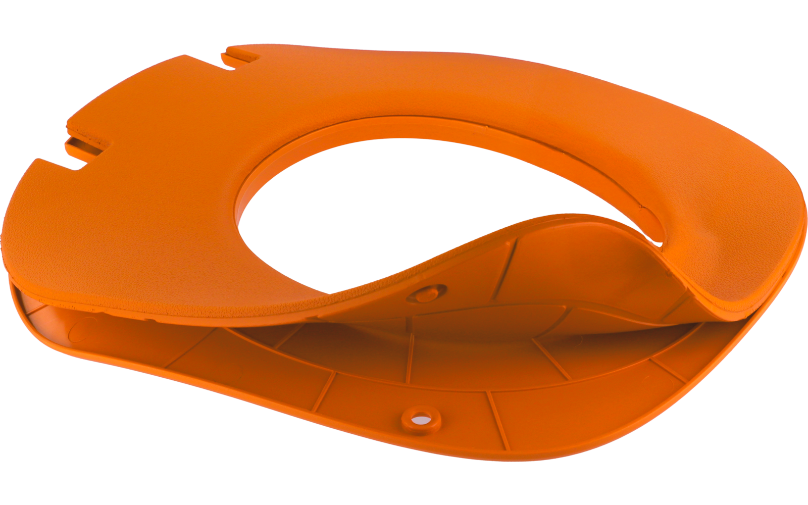 Orangenes Kunststoffteil in Form eines ovalen Rings mit großer zentraler Öffnung, sichtbarem Scharnier und geriffelter Unterseite