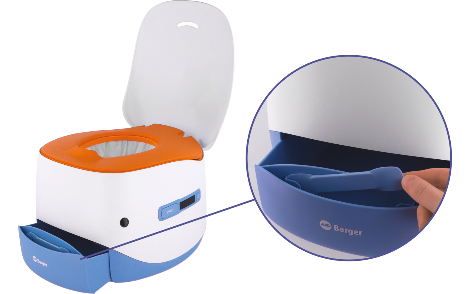 Weißes und orangefarbenes Plastikgerät mit geöffnetem Deckel und sichtbarer weißer Einlage; vorne eine blaue Schublade, in der eine Hand eine blaue Schaufel hält