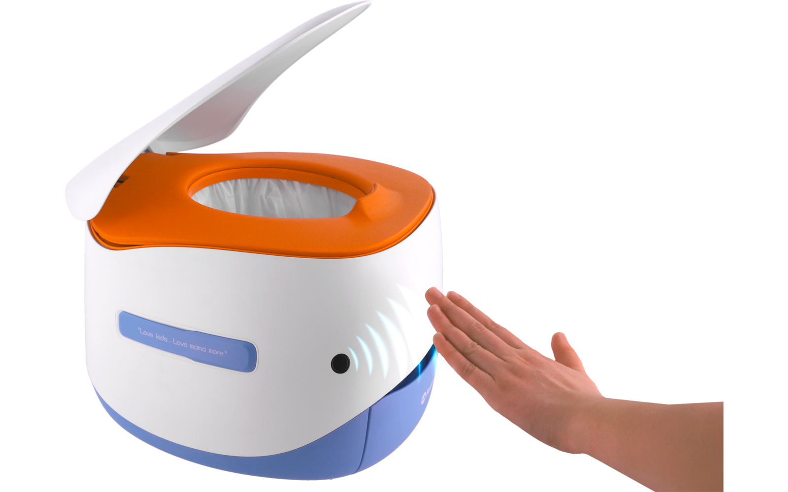 Weiße, orange und blaue Kunststoffbox mit geöffnetem Deckel und sichtbarem Material im Inneren; rechts eine menschliche Hand mit offener Handfläche vor drei leuchtenden, gebogenen Indikatorlinien an der Gehäuseseite