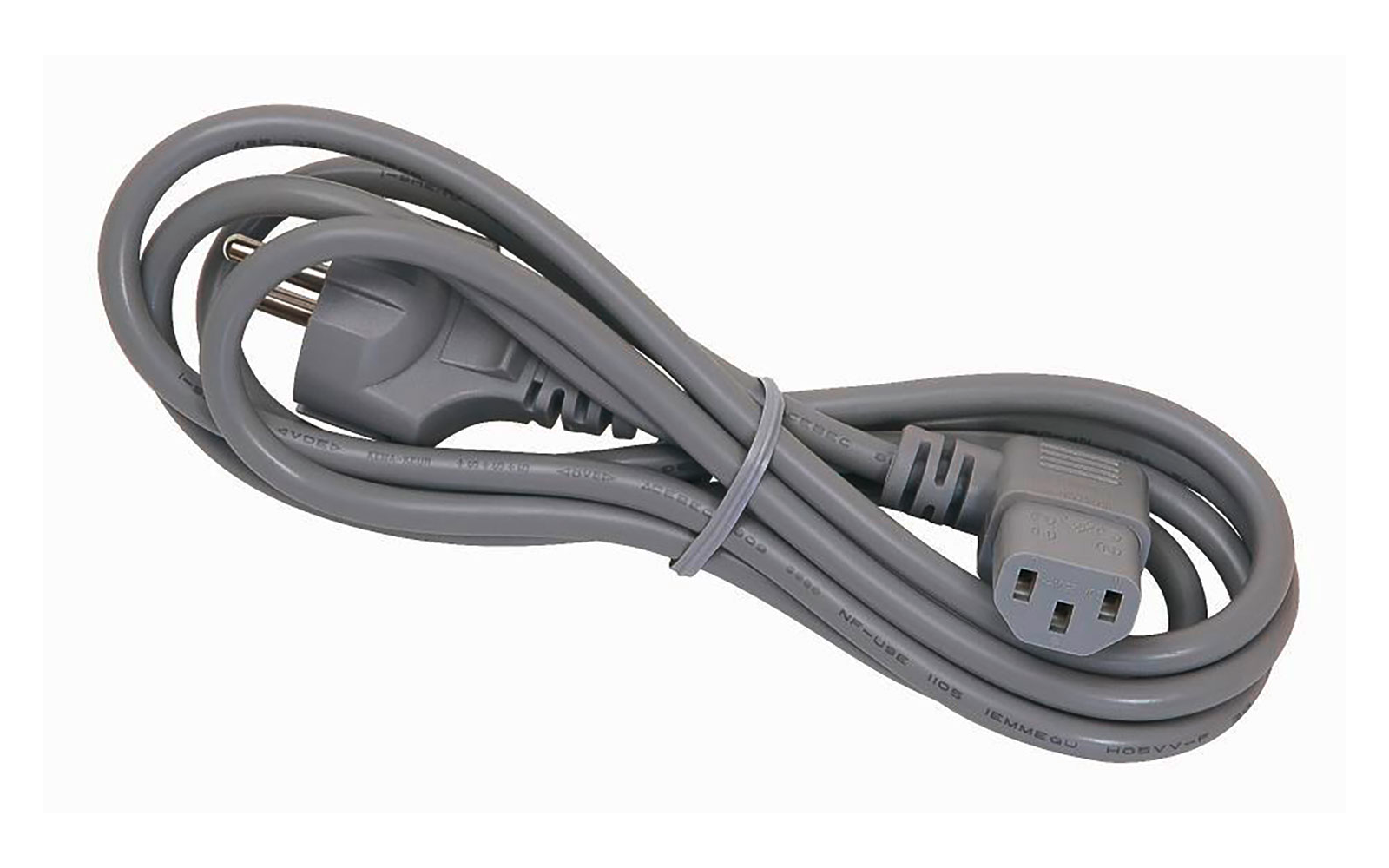 Graues, aufgerolltes Stromkabel mit einem flachen Stecker und einer rechteckigen Buchse mit drei Öffnungen