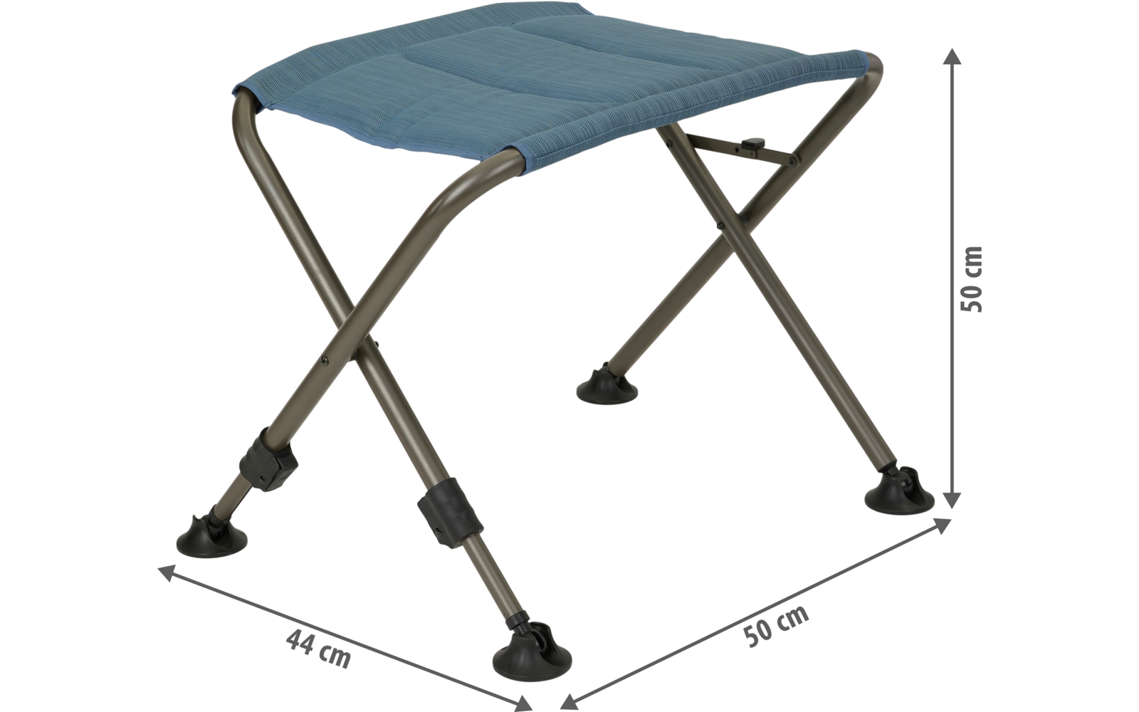 Hocker mit blauem Stoffbezug, metallic-farbenem Metallgestell und vier schwarzen Gummifüßen; Pfeile mit Maßangaben 44 cm, 50 cm, 50 cm