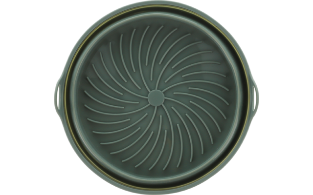 Disco piatto rotondo verde-grigio con cerchio centrale, scanalature rialzate a spirale e due maniglie laterali