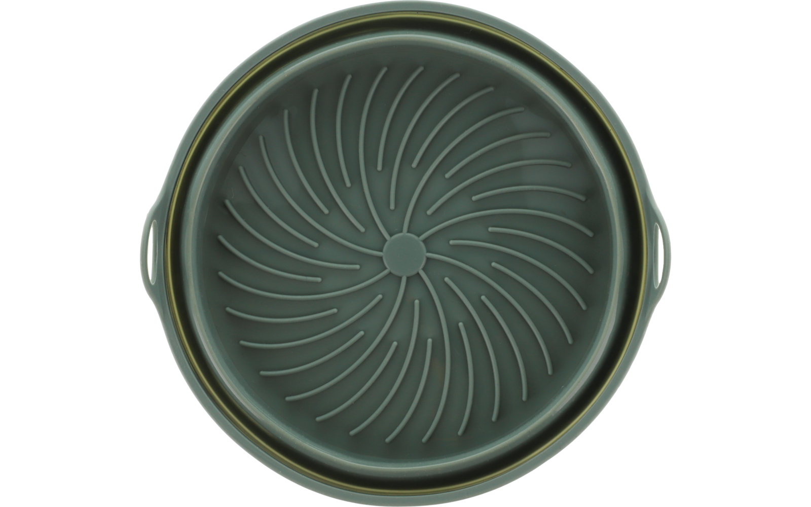 Disco piatto rotondo verde-grigio con cerchio centrale, scanalature rialzate a spirale e due maniglie laterali