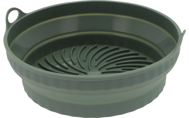Contenitore rotondo verde con lati rigati, una piastra circolare forata al centro e una piccola maniglia con foro per appendere sul bordo