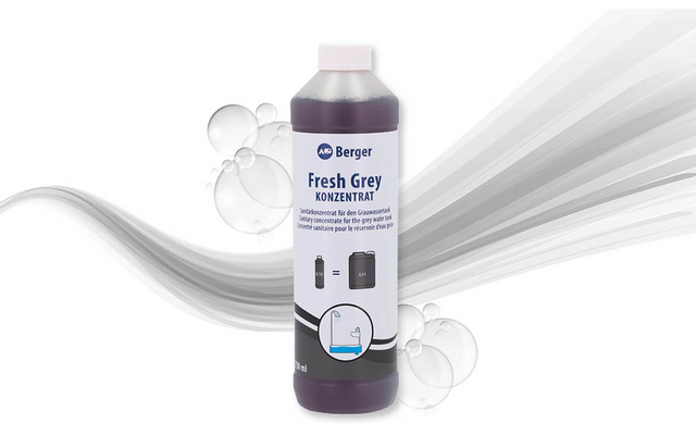 Plastic bottle with dark liquid, label reading Berger Fresh Grey KONZENTRAT, white cap, abstract grey background with bubbles and flowing streaks