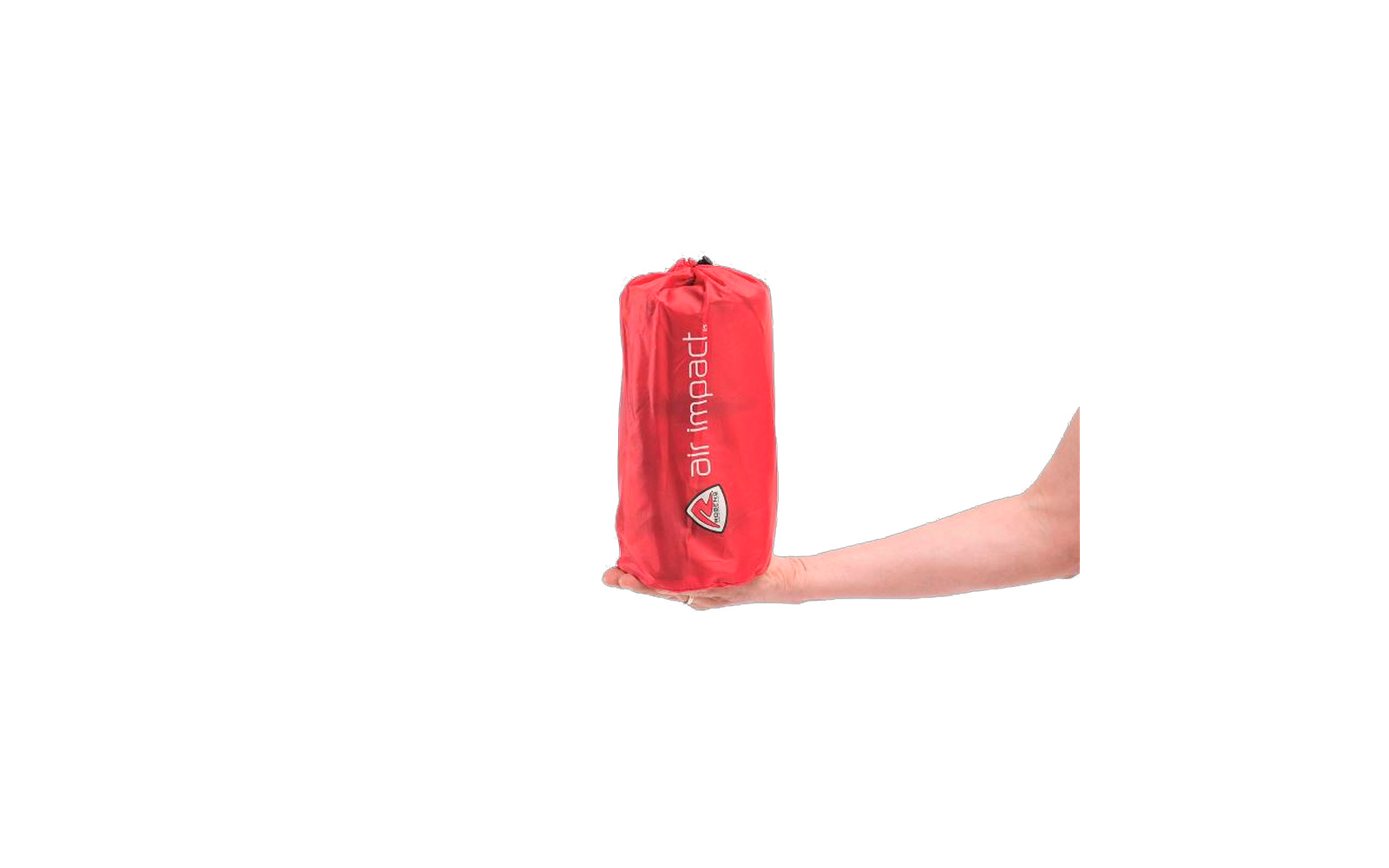 Roter zylindrischer Beutel mit Aufdruck 'air impact' und Logo auf offener Handfläche