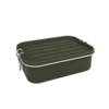 Boîte rectangulaire vert olive avec couvercle strié, bordure argentée et deux fermetures argentées sur un côté