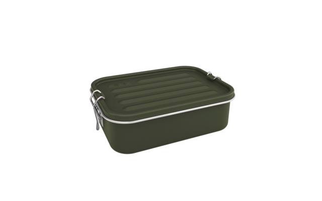 Boîte rectangulaire vert olive avec couvercle strié, bordure argentée et deux fermetures argentées sur un côté