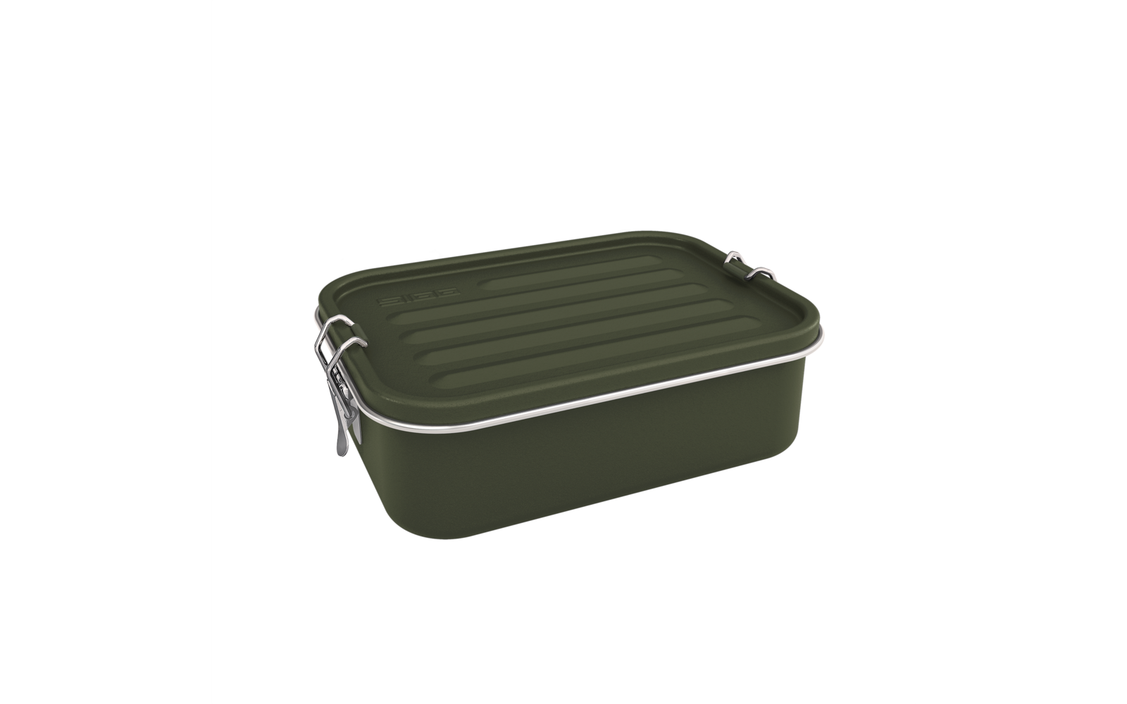 Boîte rectangulaire vert olive avec couvercle strié, bordure argentée et deux fermetures argentées sur un côté