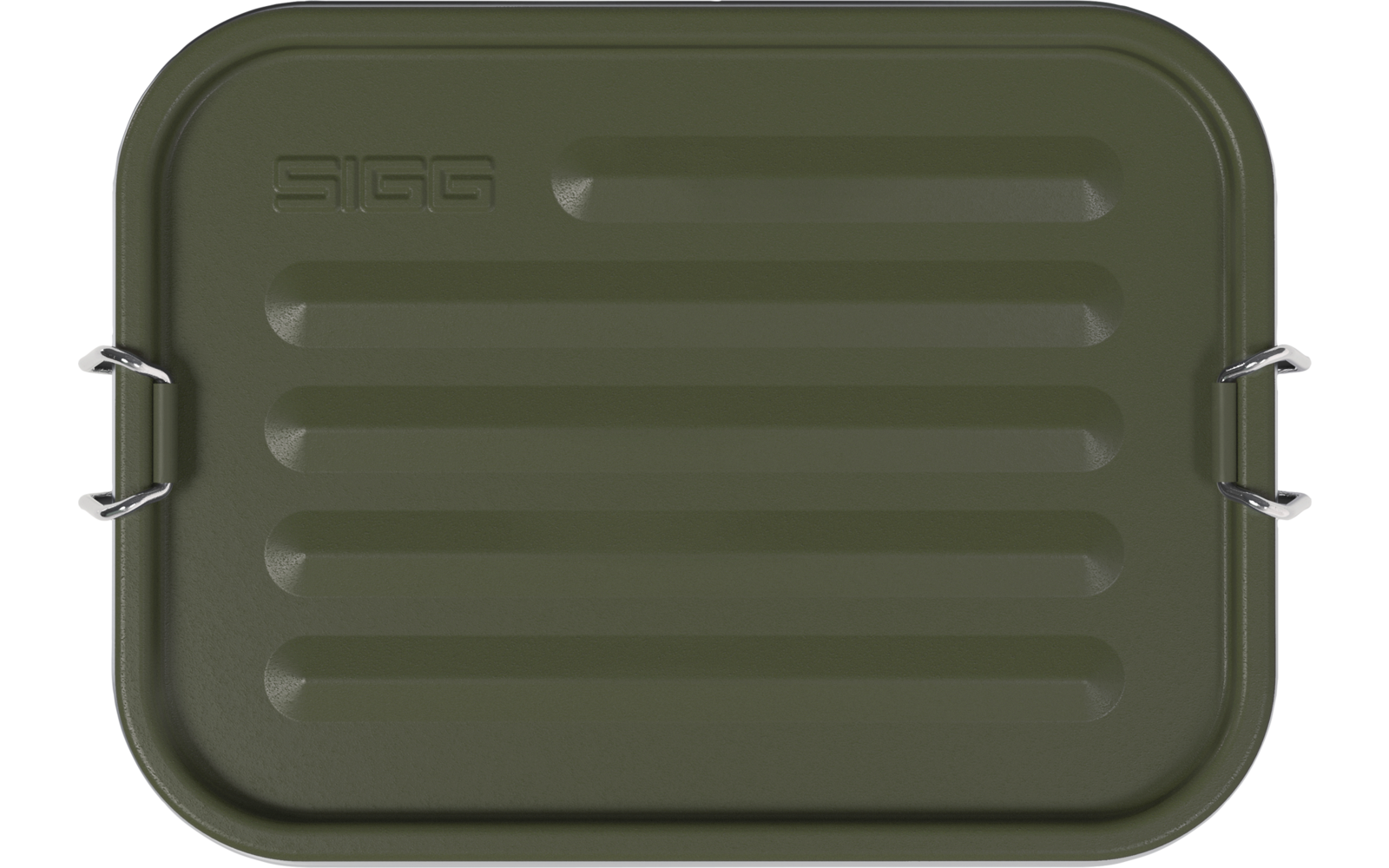 Tapa metálica rectangular color oliva, esquinas redondeadas, cinco nervaduras horizontales, marca en relieve "SIGG" arriba a la izquierda y dos cierres metálicos en los laterales