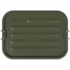 Tapa metálica rectangular color oliva, esquinas redondeadas, cinco nervaduras horizontales, marca en relieve "SIGG" arriba a la izquierda y dos cierres metálicos en los laterales