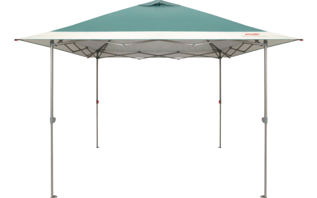 Quadratischer Sonnenschutz mit türkisfarbenem Dach, weißem Rand und vier grauen Metallbeinen