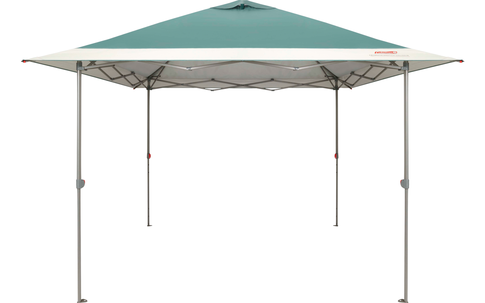 Quadratischer Sonnenschutz mit türkisfarbenem Dach, weißem Rand und vier grauen Metallbeinen