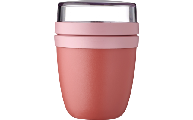 Tasse rose avec couvercle transparent et deux bandes rose clair en haut