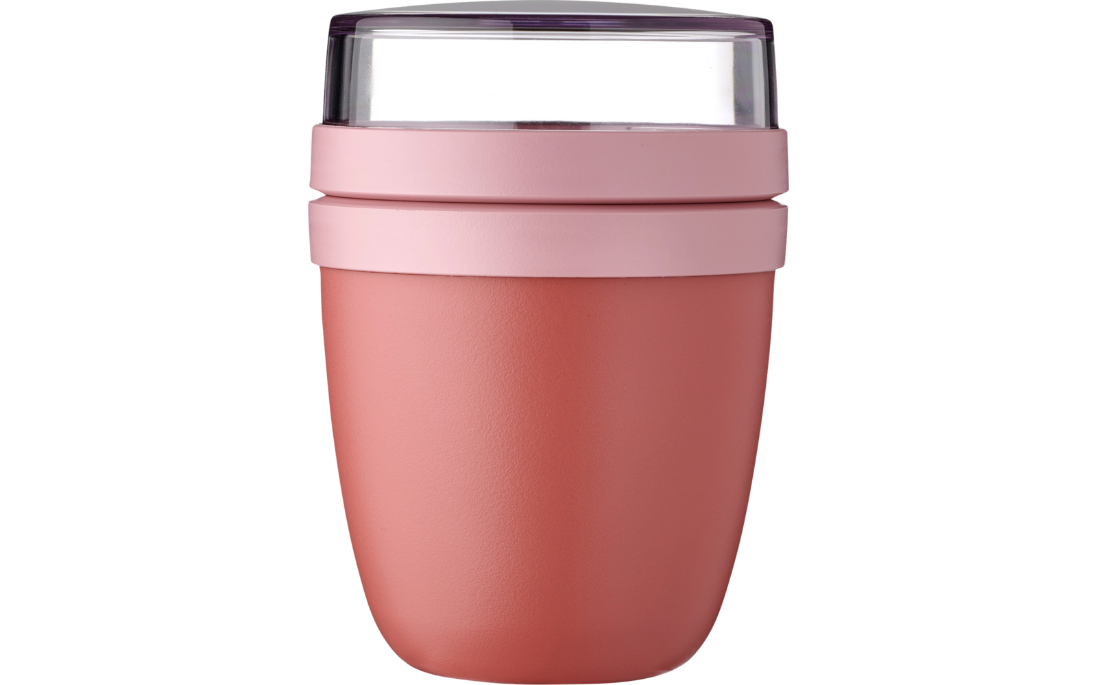 Tasse rose avec couvercle transparent et deux bandes rose clair en haut
