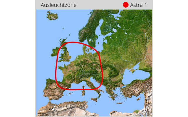 Carte topographique de l'Europe avec mers bleues, terres vertes et chaînes de montagnes brunes. Cercle rouge dessiné à la main sur l'Europe de l'Ouest et centrale. En haut à gauche le texte 'Ausleuchtzone', en haut à droite un point rouge libellé 'Astra 1'