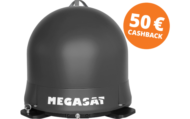 Coupole ronde noire sur une base de montage noire avec l'inscription blanche MEGASAT et un cercle orange 50 € CASHBACK
