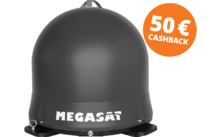 Coupole ronde noire sur une base de montage noire avec l'inscription blanche MEGASAT et un cercle orange 50 € CASHBACK