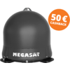 Schwarze runde Kuppel auf schwarzer Montageplatte mit weißem Schriftzug MEGASAT und orangefarbenem Kreis 50 € CASHBACK