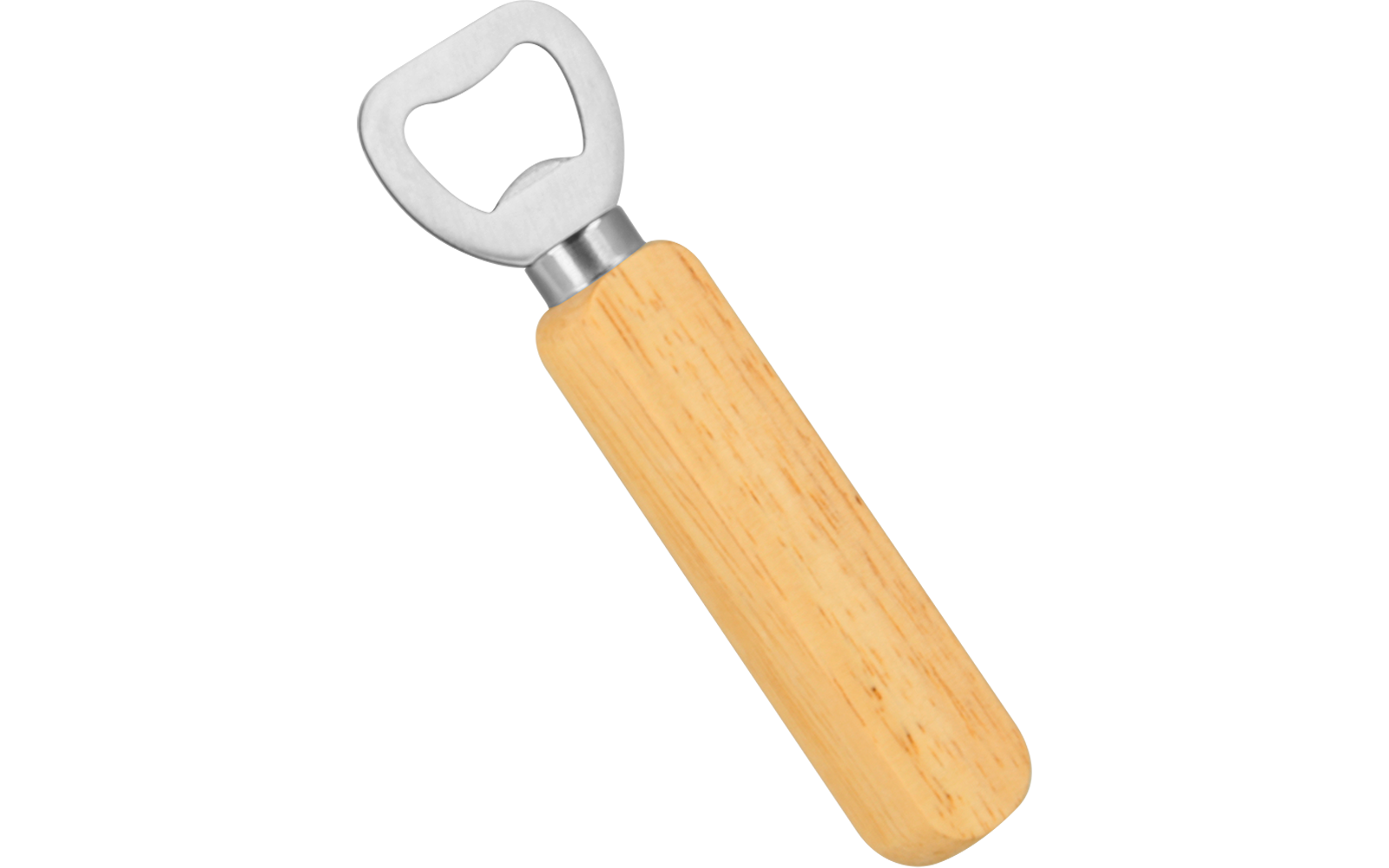 Metall-Flaschenöffner mit hellem Holzgriff auf weißem Hintergrund