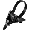 Abrazadera de plástico negra con correa dentada ajustable, base triangular, palanca y clip puntiagudo en la parte delantera
