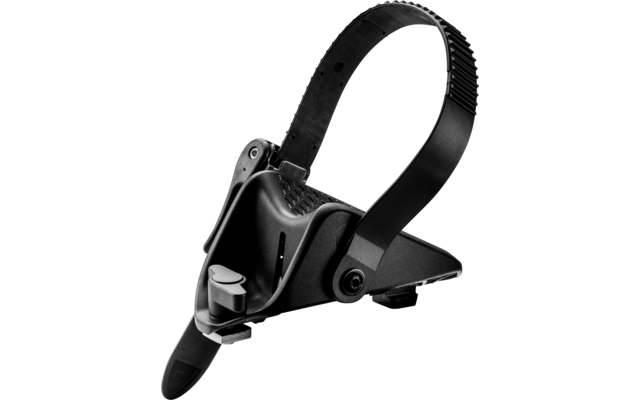 Abrazadera de plástico negra con correa dentada ajustable, base triangular, palanca y clip puntiagudo en la parte delantera
