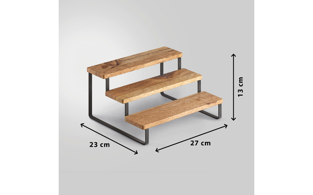 Drei hölzerne Stufen mit sichtbarer Holzmaserung auf schwarzem U-förmigem Metallgestell; Pfeile und Maßangaben 23 cm, 27 cm, 13 cm