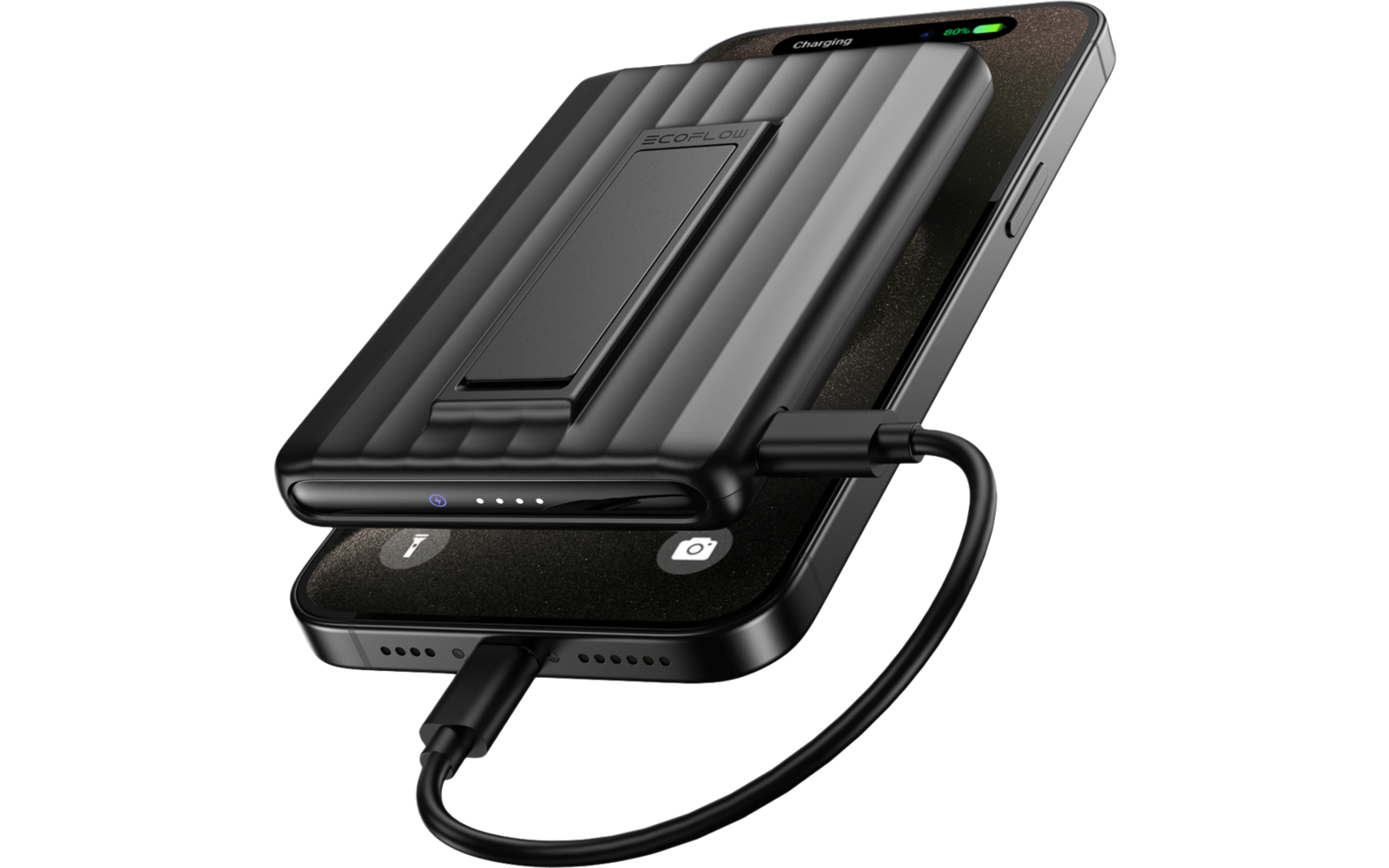 Schwarzes Smartphone mit kabellosem Ladeständer und USB-Kabel