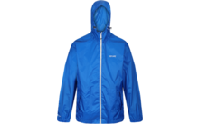 Blaue Jacke mit Kapuze und weißem Reißverschluss vorne, zwei Fronttaschen, elastische Ärmelbündchen, kleines weißes Logo auf der Brust
