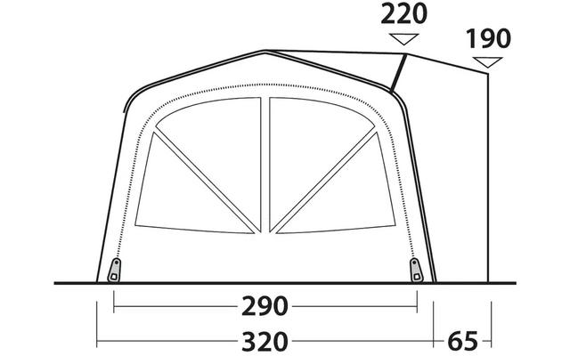 Skizze eines Zelts mit Maßen in Zentimetern
