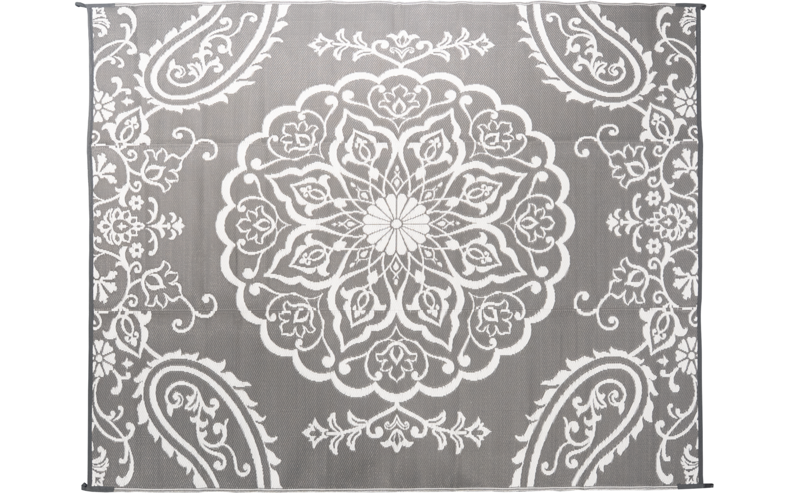 Rechteckige Fläche mit grauem Hintergrund und weißem symmetrischem Mandala- und Paisley-Muster