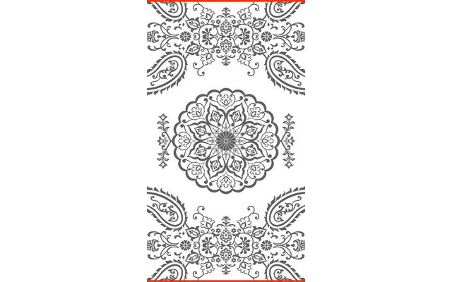 Zwart symmetrisch ornamentpatroon op witte achtergrond met een rond mandala in het midden, paisley-motieven boven en onder en smalle rode randen boven en onder