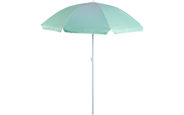 Offener Sonnenschirm mit hellgrünem Schirmtuch und weißem Metallstiel