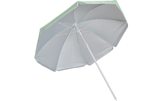 Geöffneter weißer Schirm mit hellgrünem Rand und weißem Stab, leicht geneigt