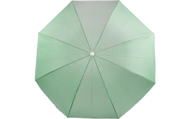 Aufsicht auf einen geöffneten, mintgrünen Schirm; sichtbare Segmente und zentraler Knopf