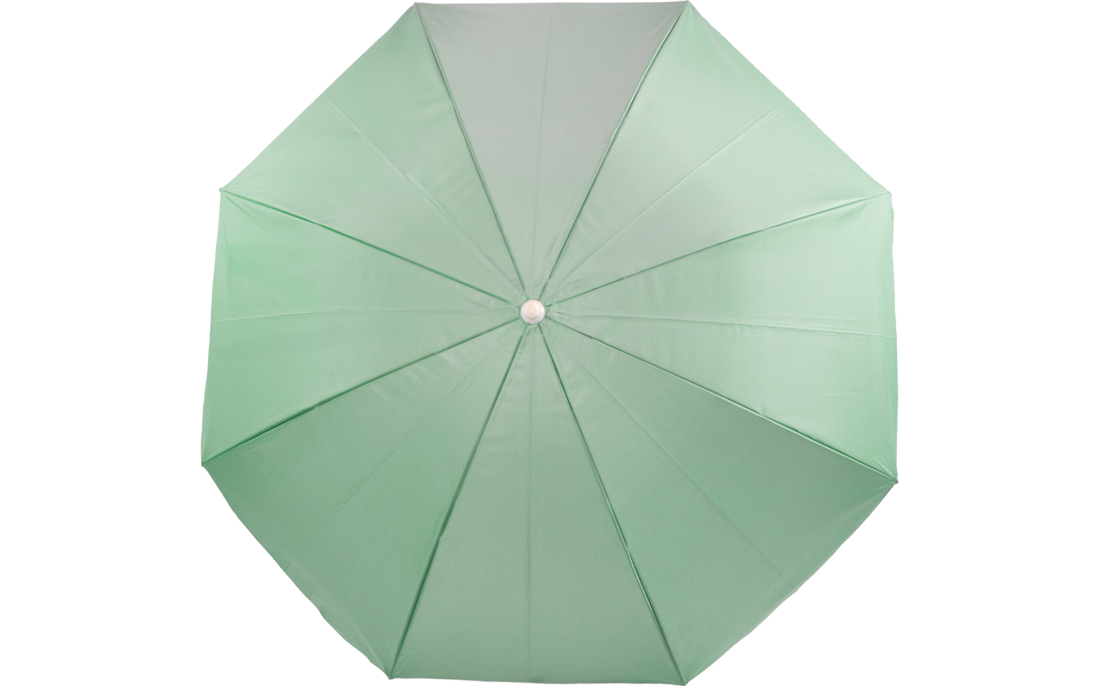 Unterseite eines hellblauen Sonnenschirms mit zentraler Stange, Metallstreben und weißem Kunststoffverbinder mit rotem Schiebeknopf