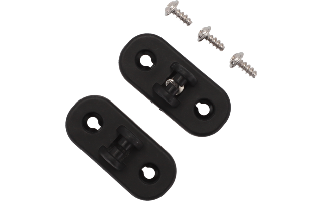 Zwei schwarze Metallplatten mit Gelenk und drei Schrauben auf weißem Hintergrund