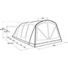 Zwart-wit technische tekening van een lange tunnelvormige tent met dubbele voordeur, drie zijpanelen, een bodemlijn en cijfers met pijlen als maatvoering