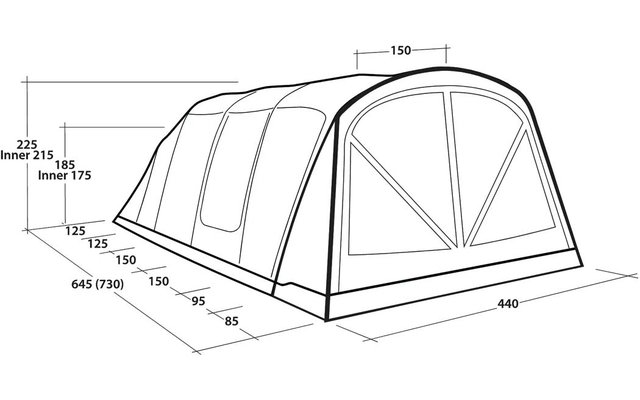 Zwart-wit technische tekening van een lange tunnelvormige tent met dubbele voordeur, drie zijpanelen, een bodemlijn en cijfers met pijlen als maatvoering