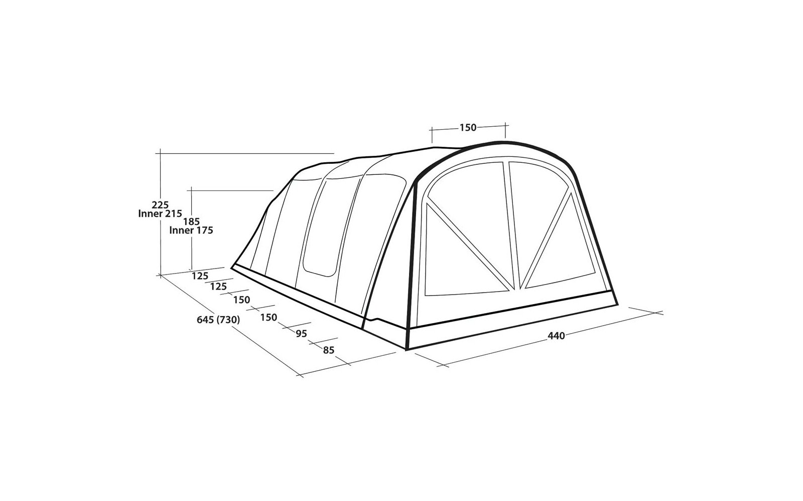 Zwart-wit technische tekening van een lange tunnelvormige tent met dubbele voordeur, drie zijpanelen, een bodemlijn en cijfers met pijlen als maatvoering