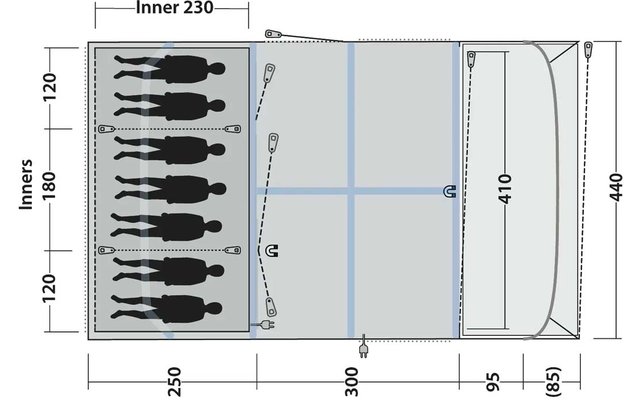 Bovenaanzicht van een rechthoekig plan met maatvoering in centimeters; links gearceerd vlak met zes zwarte schematische menssiluetten, middengebied met vier rasterlijnen en getekende spanlijnen met bevestigingspunten, rechts afgerond deel