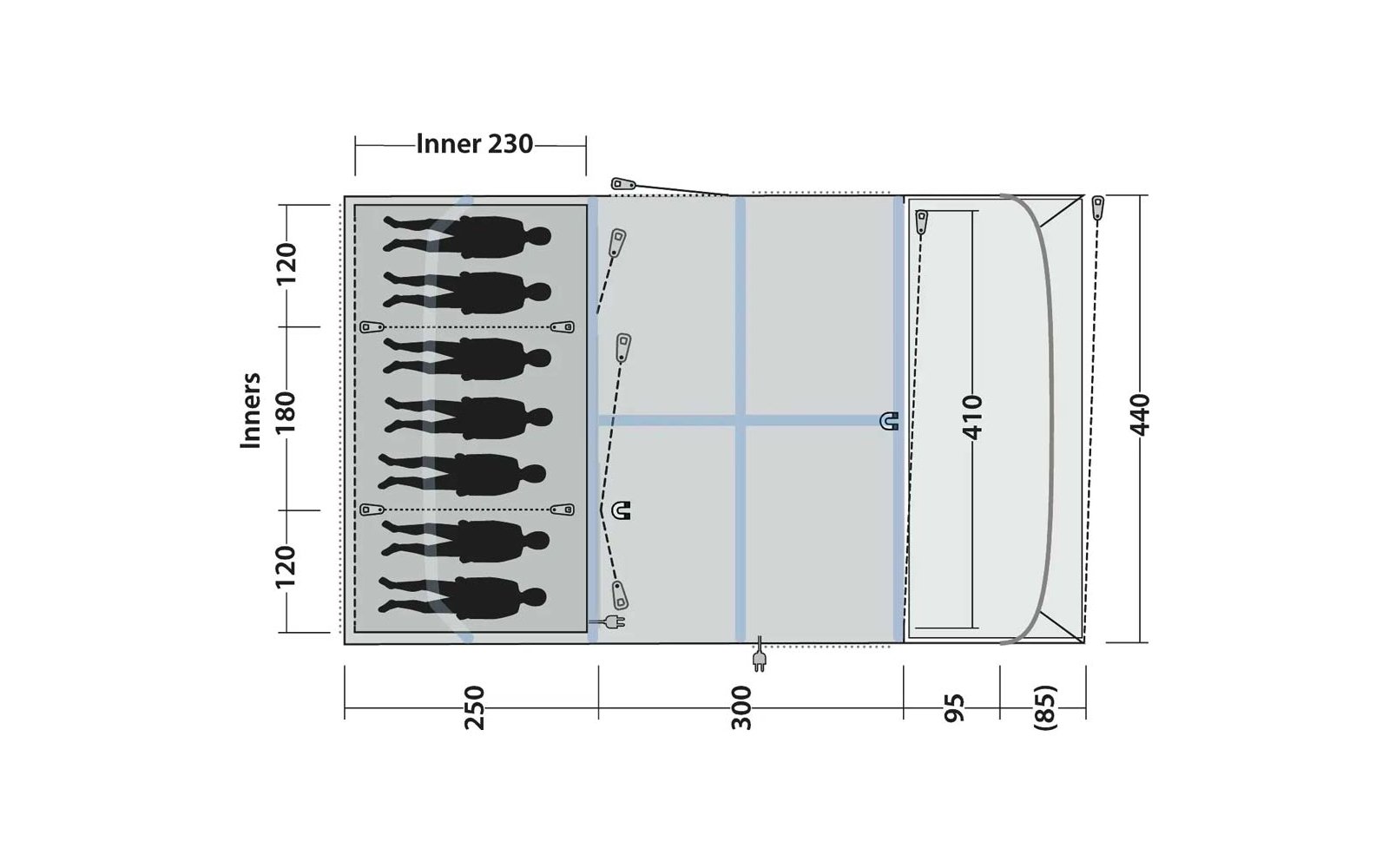 Bovenaanzicht van een rechthoekig plan met maatvoering in centimeters; links gearceerd vlak met zes zwarte schematische menssiluetten, middengebied met vier rasterlijnen en getekende spanlijnen met bevestigingspunten, rechts afgerond deel