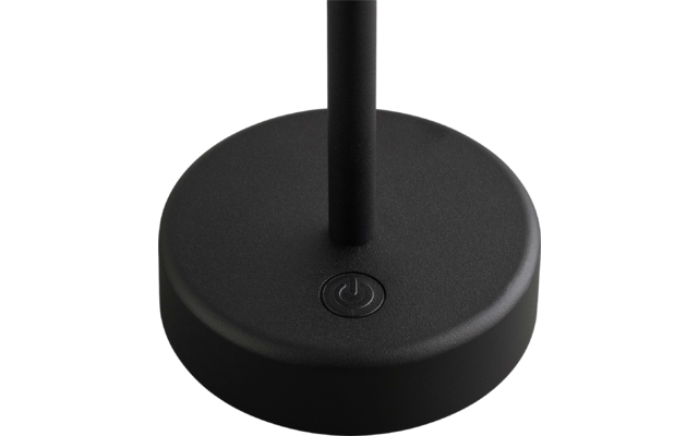 Schwarzer runder Lampenfuß mit senkrechtem Stab in der Mitte und rundem Ein-/Ausschaltknopf mit Stromsymbol