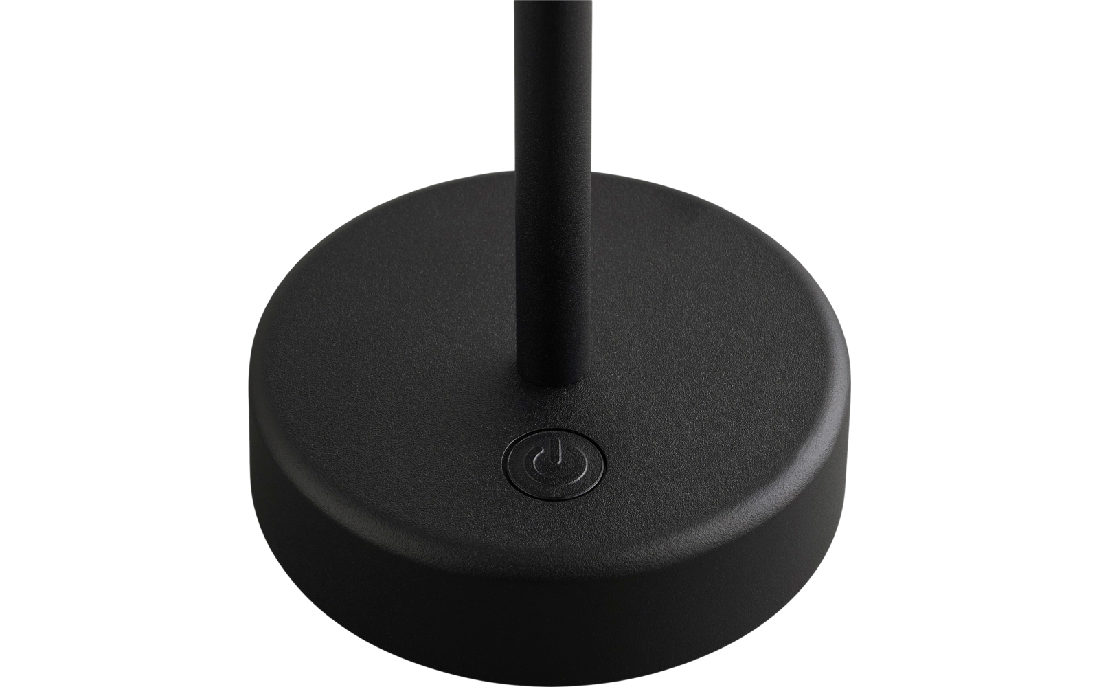 Schwarzer runder Lampenfuß mit senkrechtem Stab in der Mitte und rundem Ein-/Ausschaltknopf mit Stromsymbol