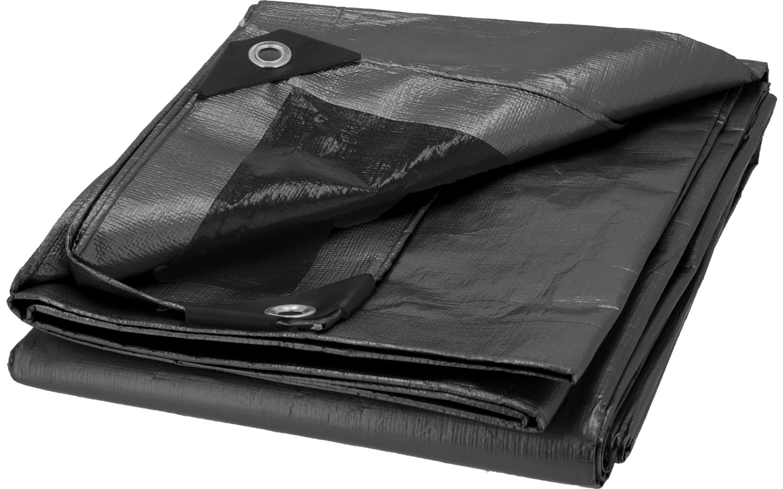 Gefaltete graue Plane mit sichtbaren Metallösen und schwarzen Eckverstärkungen