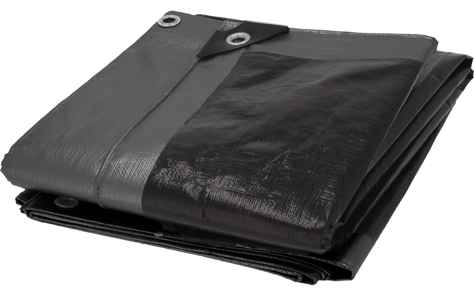 Gefaltete Kunststoffplane in Schwarz und Grau mit sichtbarer Metallöse