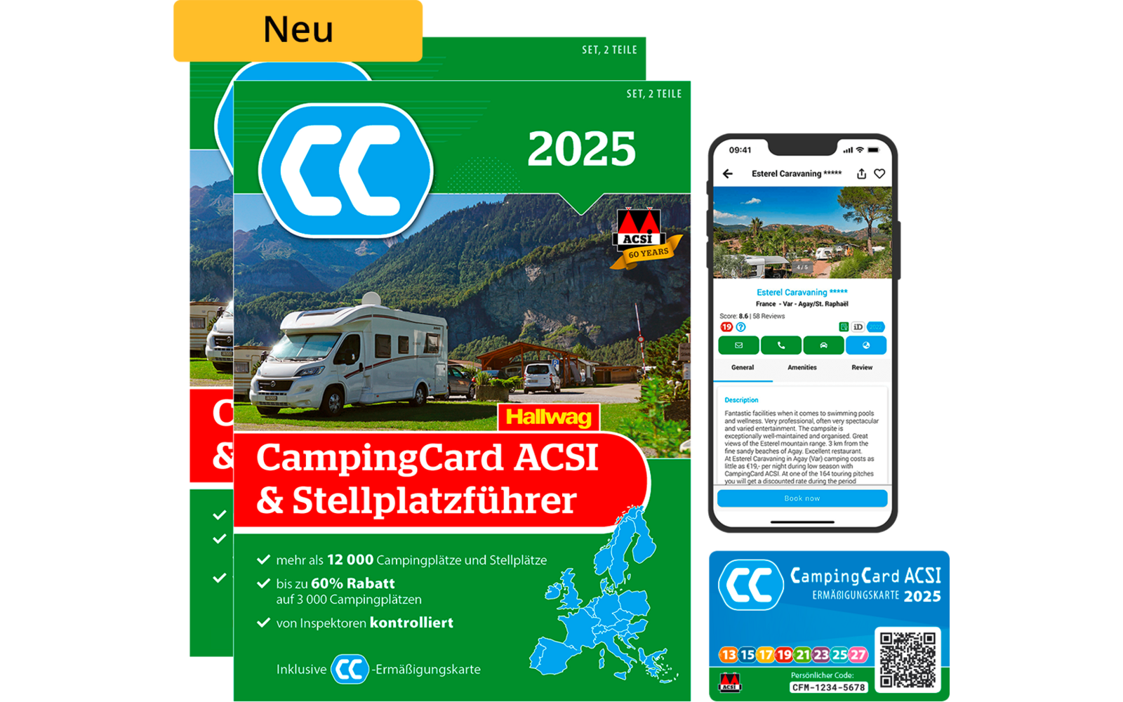 Couverture de CampingCard ACSI 2025 avec un camping-car sur une route de campagne devant des montagnes, à côté d'un smartphone affichant l'application CampingCard ACSI et une petite carte