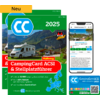 Couverture de CampingCard ACSI 2025 avec un camping-car sur une route de campagne devant des montagnes, à côté d'un smartphone affichant l'application CampingCard ACSI et une petite carte